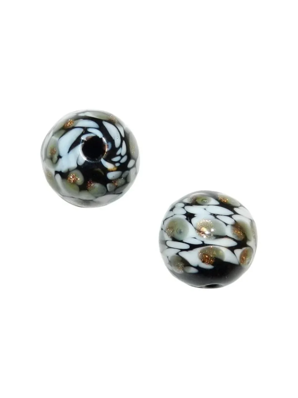 G4281 Black w White & Copper Sparkles 15mm Round Blown Lampworked Glass Bead 2pc